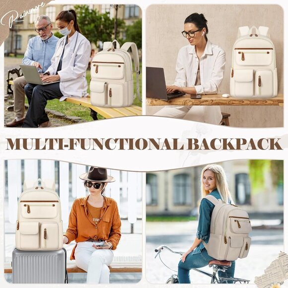 Women's Beige 15.6in Waterproof Work Travel Backpacks With Usb Charger Port - Picture 6 of 6